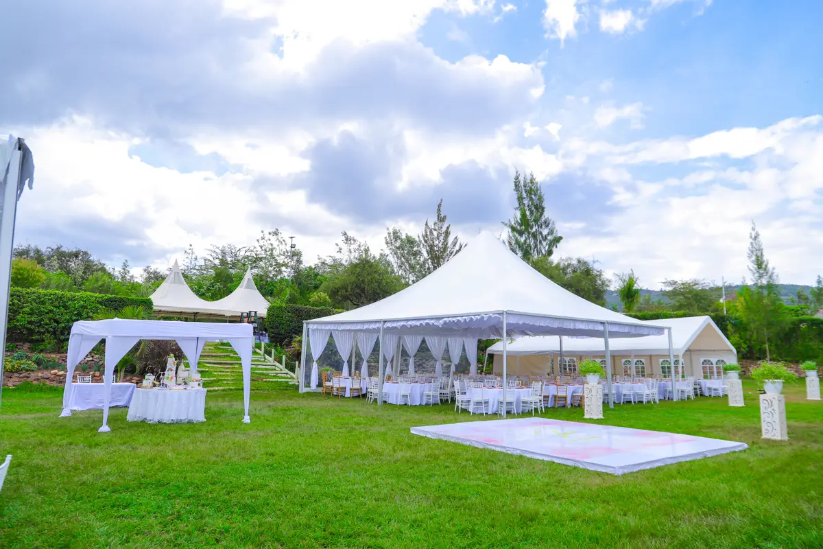 Aerial view of Zamar Springs manicured garden set up for a 500-guest wedding with a backdrop of Mua Hills, Machakos.