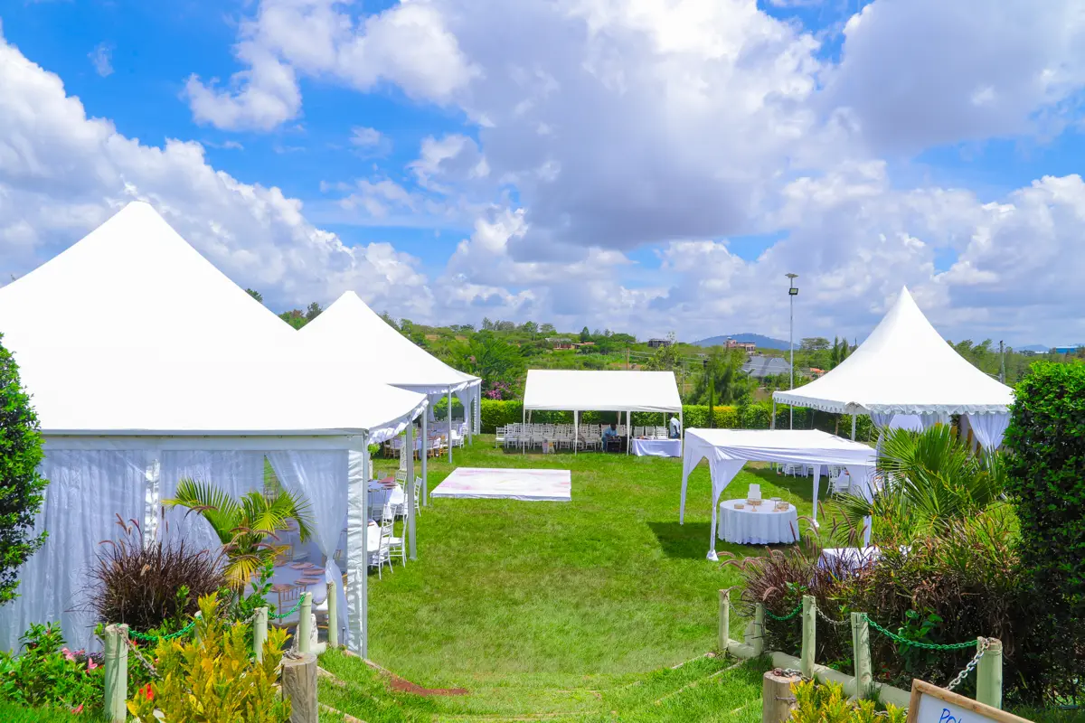 Aerial view of Zamar Springs manicured garden set up for a 500-guest wedding with a backdrop of Mua Hills, Machakos.